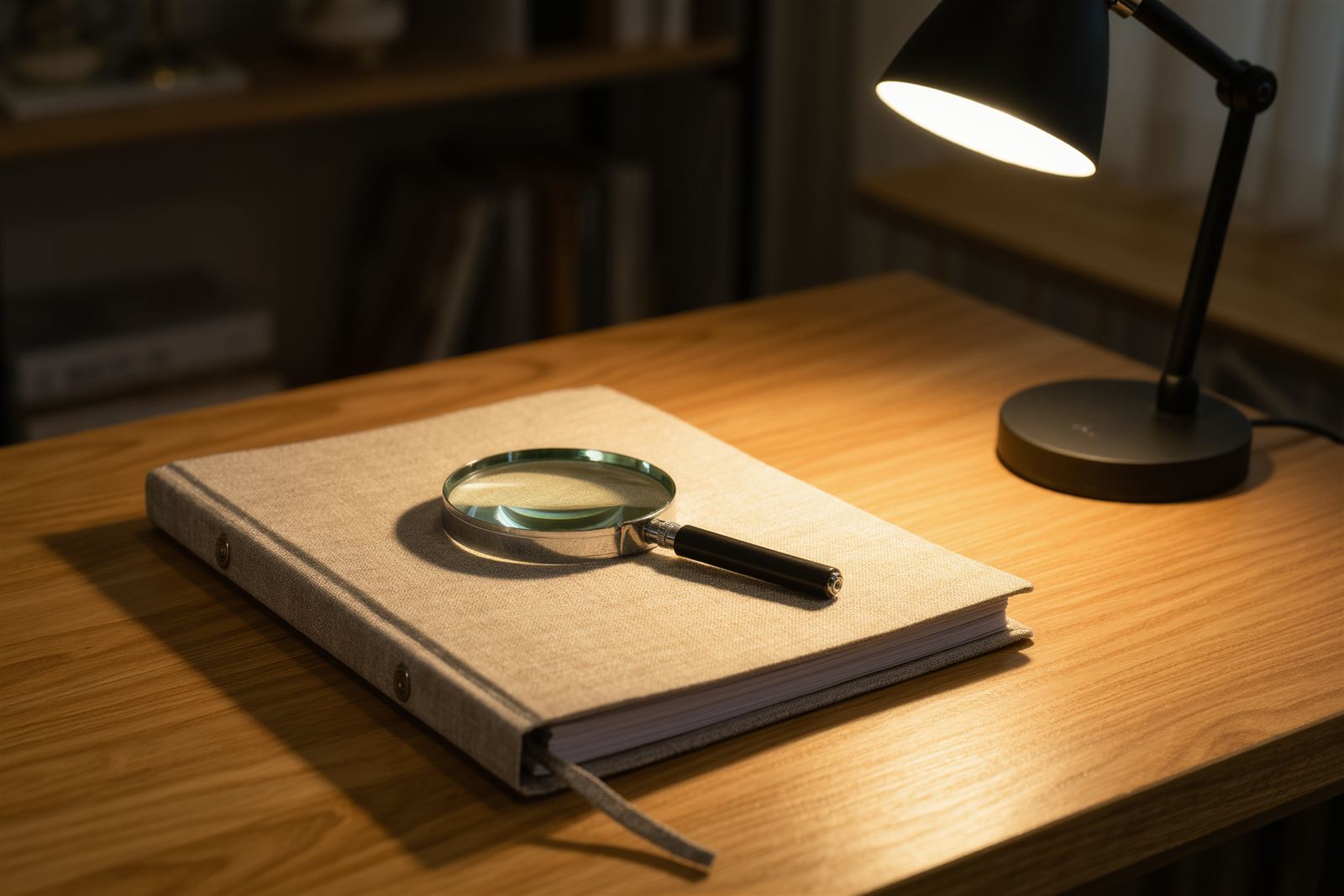A magnifying glass resting on a linen-bound binder under a desk lamp