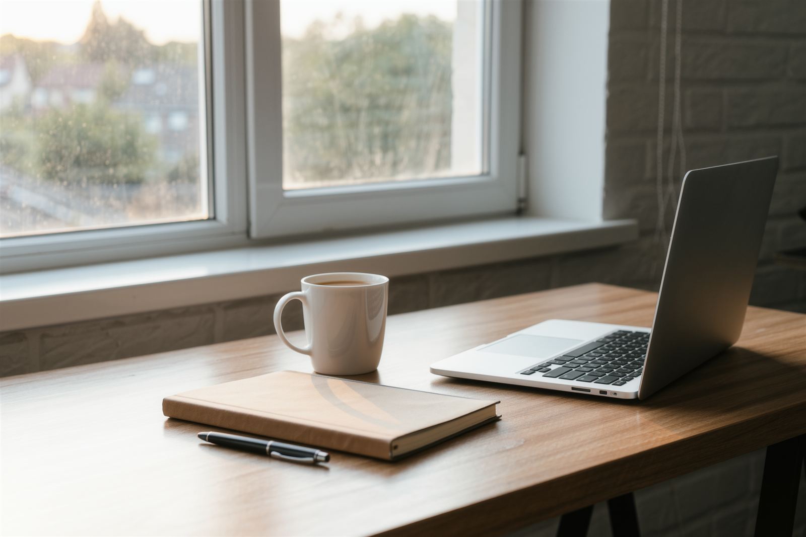 A closed notebook, a pen, a mug and a laptop on a wooden desk beside a window