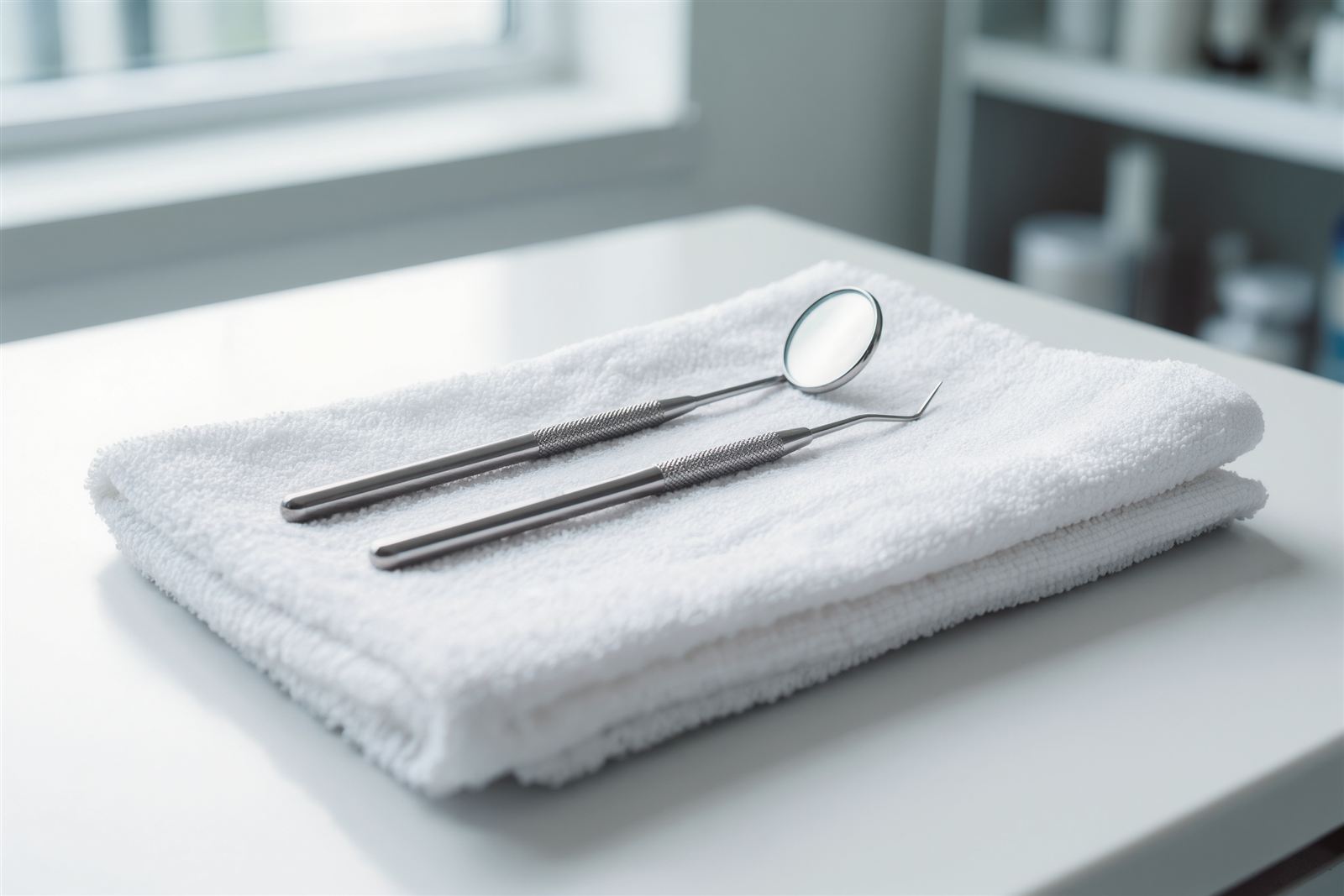 A dental mirror and a probe laid on a folded white towel on a clean counter