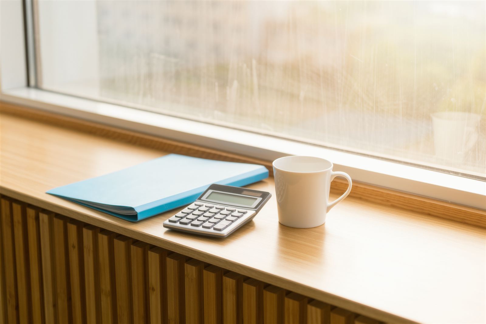 A calculator, a blue folder and a mug on a sunlit wooden windowsill