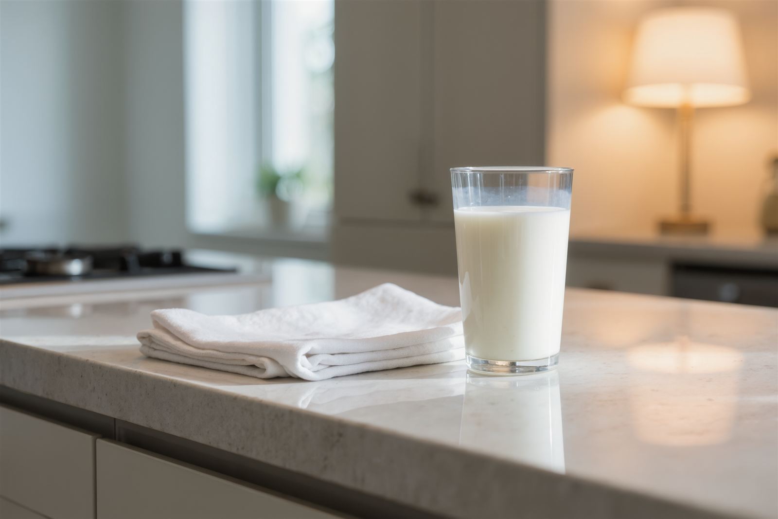 A glass of milk and a folded white cloth on a kitchen counter in warm evening light