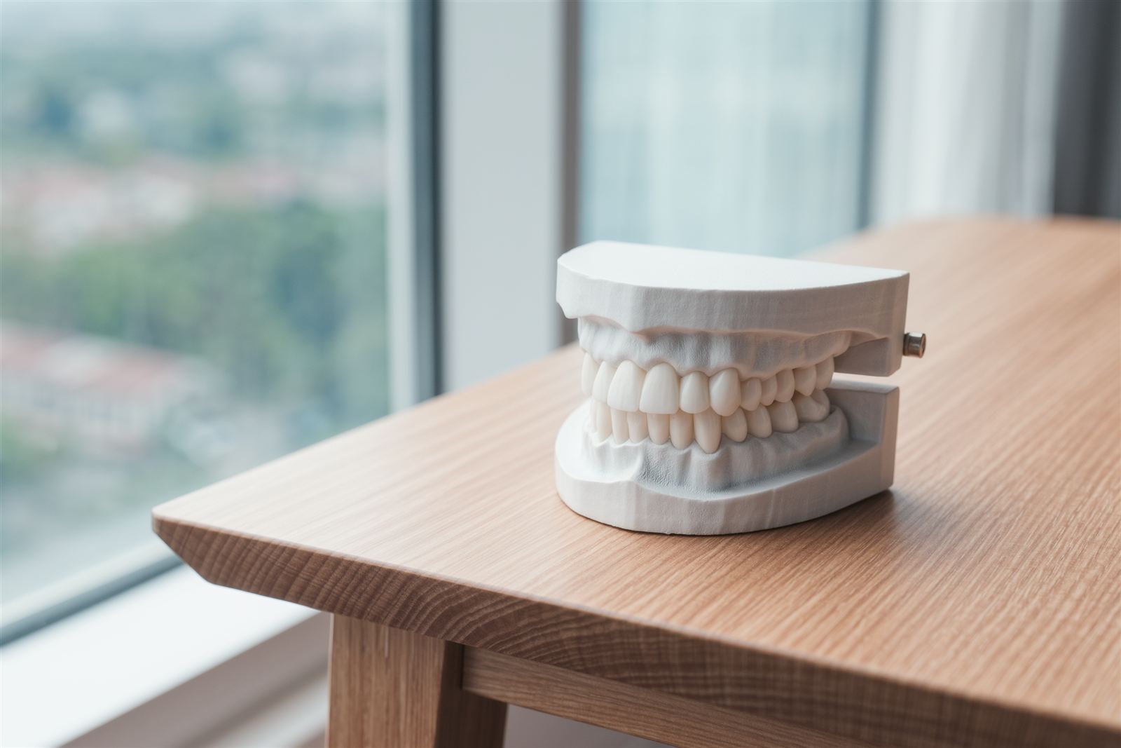 A plaster teaching model of teeth on a wooden table beside a window