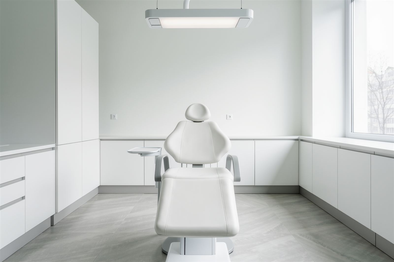 An empty white dental treatment chair in a bright room with cabinets and a large window