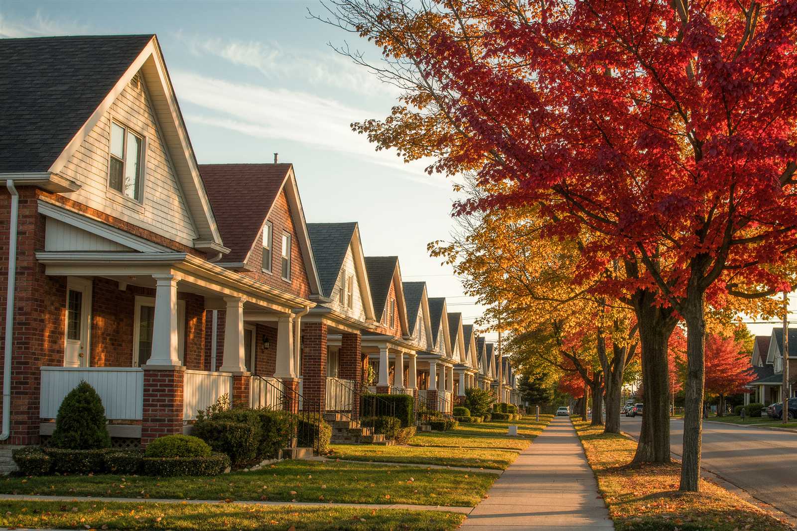 A residential street lined with brick houses and red maple trees in autumn